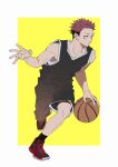 1boy alternate_costume ball bare_shoulders basketball basketball_uniform bike_shorts black_hair black_legwear black_shirt black_shorts border collarbone commentary_request cross-laced_footwear facial_mark flat_color forehead hand_up highres holding holding_ball itadori_yuuji jujutsu_kaisen leg_up looking_to_the_side male_focus multicolored_hair orange_eyes outside_border parted_lips red_footwear redhead running shirt shoes short_hair shorts simple_background sleeveless sleeveless_shirt socks solo sportswear tenobe two-tone_hair undershirt white_border yellow_background 