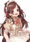  1girl :d absurdres alternate_costume apron bangs blush bow breasts brown_hair brown_shirt brown_skirt center_frills collared_shirt enmaided eyebrows_visible_through_hair frilled_apron frills haruyuki_(gffewuoutgblubh) highres idolmaster idolmaster_cinderella_girls long_hair looking_at_viewer maid maid_headdress medium_breasts open_mouth pink_bow puffy_short_sleeves puffy_sleeves red_ribbon ribbon shimamura_uzuki shirt short_sleeves simple_background skirt smile solo striped striped_bow upper_teeth very_long_hair violet_eyes white_apron white_background wrist_cuffs 