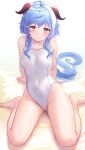  1girl :3 ahoge airool arm_support bangs bare_arms bare_shoulders barefoot blue_hair blush breasts closed_mouth collarbone competition_swimsuit covered_navel eyebrows_visible_through_hair ganyu_(genshin_impact) genshin_impact highleg highleg_swimsuit highres horns long_hair looking_at_viewer medium_breasts one-piece_swimsuit shallow_water simple_background sitting smile solo swimsuit very_long_hair violet_eyes wariza water white_background white_swimsuit 