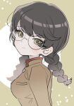  1girl alternate_hairstyle bangs black-framed_eyewear braid brown_hair closed_mouth commentary from_side frown girls_und_panzer glasses green_eyes hair_down highres hosomi_shizuko long_hair looking_at_viewer round_eyewear solo tama_launcher tearing_up twin_braids twintails upper_body 