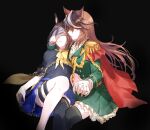  2girls aiguillette air_groove_(umamusume) animal_ears black_hair blue_skirt brown_hair cape covering_another&#039;s_eyes epaulettes floating_hair frilled_skirt frills green_jacket green_skirt holding_hands horse_ears jacket long_hair multicolored_hair multiple_girls parted_lips pleated_skirt red_cape romi_(346_ura) short_hair single_thighhigh skirt streaked_hair symbol_commentary symboli_rudolf_(umamusume) thigh-highs thigh_strap umamusume violet_eyes yuri 