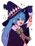  1girl absurdres aqua_hair arm_up black_gloves black_headwear blue_eyes fang gloves hair_between_eyes halloween_costume hat hatsune_miku highres holding holding_clothes holding_hat long_hair open_mouth simple_background skin_fang smile solo star_(symbol) svv_art vocaloid white_background witch_hat 