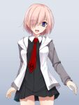  1girl :d blush breasts chaldea_logo fate/grand_order fate_(series) glasses hair_over_one_eye long_sleeves mash_kyrielight necktie open_mouth pink_hair shirt short_hair smile solo takepon thighs undershirt violet_eyes 