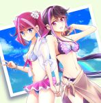  2girls blue_eyes blue_sky bracelet bracelet_girls earrings feathers hiiragi_yuzu holding_hands kurosaki_ruri long_hair multicolored_hair pink_hair short_twintails twintails yny yun_yu yuu-gi-ou yuu-gi-ou_arc-v 