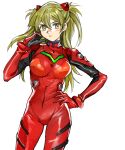  1girl 203wolves blonde_hair blush bodysuit breasts breasts_apart cosplay cowboy_shot floating_hair hair_between_eyes hand_on_hip headgear highres long_hair looking_at_viewer medium_breasts neon_genesis_evangelion open_mouth plugsuit red_bodysuit shiny shiny_hair signature simple_background solo souryuu_asuka_langley souryuu_asuka_langley_(cosplay) standing tenjouin_asuka twintails white_background yu-gi-oh! yu-gi-oh!_gx 