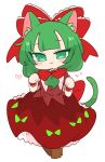 1girl :3 animal_ears bangs blunt_bangs bow cat_ears cat_tail closed_mouth cropped_legs front_ponytail green_bow green_eyes green_hair hair_bow heart highres kagiyama_hina long_hair looking_at_viewer op_na_yarou red_bow red_shirt red_skirt shirt simple_background skirt smile solo standing tail touhou white_background wrist_cuffs 
