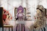  2girls absurdres bangs breasts cake closed_eyes cup dress drinking fate/grand_order fate_(series) flower food gloves hair_between_eyes hair_ornament hat highres huge_filesize jewelry marie_antoinette_(fate) multiple_girls necklace ootato plate purple_hair purple_legwear scathach_(fate)_(all) scathach_skadi_(fate) sitting smile sweets table tea tea_party teacup teapot thigh-highs veil white_dress white_gloves white_headwear white_legwear 