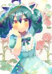  1girl ahoge animal_ears arm_up blush bow brown_eyes cat_ears character_request closed_mouth collared_dress commentary_request dress ear_bow floral_background green_bow green_dress green_hair hand_up heterochromia indie_virtual_youtuber kouu_hiyoyo looking_at_viewer multicolored_hair puffy_short_sleeves puffy_sleeves purple_hair short_sleeves smile solo streaked_hair virtual_youtuber white_bow yellow_eyes 