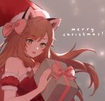  1girl artist_name blurry blurry_background bow_legwear box brown_hair christmas clothes_lift detached_sleeves dress dress_lift fur-trimmed_dress fur_trim gift gift_box green_eyes hair_ornament hair_over_shoulder hair_ribbon hat holding holding_box holding_gift indie_virtual_youtuber juwei juwei_(vtuber) lace-trimmed_legwear lace_trim long_hair looking_at_object low_tied_hair merry_christmas puffy_detached_sleeves puffy_sleeves red_panda_ears red_panda_girl red_panda_tail ribbon santa_costume santa_dress santa_hat single_thighhigh smile snow snowing solo thigh-highs virtual_youtuber white_legwear wind wind_lift winter 