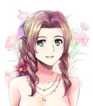  1girl aerith_gainsborough bangs bare_shoulders braid braided_ponytail brown_hair collarbone eyebrows_visible_through_hair final_fantasy final_fantasy_vii floral_background flower green_eyes hair_flower hair_ornament jewelry long_hair looking_at_viewer low_ponytail necklace parted_bangs red_flower saruin shirtless side_braid solo star_(symbol) star_necklace twin_braids 