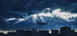  building chromatic_aberration clouds cloudy_sky dark_sky floating flying flying_whale highres hipy_(image_oubliees) light_rays no_humans original outdoors rooftop signature silhouette sky solo sunbeam sunlight surreal whale 