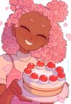  1girl absurdres cake closed_eyes dark_skin dark-skinned_female double_bun flower food halftone highres holding holding_cake holding_food original outline parted_lips petals pink_flower plate shadow short_sleeves simple_background smile solo svv_art twitter_username upper_body white_background white_outline 