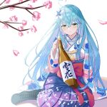  1girl ahoge blue_hair boots bottle cherry_blossoms flower hair_flower hair_ornament heart_ahoge highres hololive japanese_clothes kimono long_hair natsuki_(natukituki) pointy_ears sake_bottle yukihana_lamy 