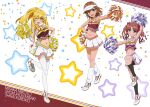  +_+ 3girls :d ;d absurdres black_legwear blonde_hair bow brown_eyes brown_hair character_name cheerleader closed_mouth collarbone crop_top floating_hair full_body hair_bow highres kneehighs leg_warmers looking_at_viewer medium_hair midriff miniskirt misaka_mikoto multiple_girls navel official_art one_eye_closed open_mouth page_number pleated_skirt pom_poms ponytail red_bow shiny shiny_hair shiny_skin shirai_kuroko shokuhou_misaki skirt sleeveless smile standing standing_on_one_leg stomach thigh-highs toaru_kagaku_no_railgun toaru_majutsu_no_index twintails visor_cap white_footwear white_legwear white_skirt zettai_ryouiki 