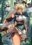  &gt;:) 1girl absurdres blonde_hair breasts brown_gloves cleavage_cutout closed_mouth clothing_cutout cowboy_shot dark_skin dark-skinned_female detached_sleeves elf forest gloves hair_intakes hair_ribbon high_ponytail highres hololive kintsuba_(shiranui_flare) large_breasts leather leather_gloves light_blush long_hair looking_at_viewer mono_1010 multicolored_hair nature panties partially_fingerless_gloves pelvic_curtain pointy_ears ribbon shiranui_flare shoulder_cutout side-tie_panties side_slit sideboob single_thighhigh skirt smile solo streaked_hair thigh-highs underbust underwear virtual_youtuber white_skirt wide_ponytail wide_sleeves 