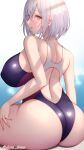  1girl akira_shiun artist_name ass azur_lane back bangs bare_shoulders blurry blurry_background blush breasts commentary_request competition_swimsuit covered_nipples eyebrows_visible_through_hair facing_away hair_between_eyes highres large_breasts looking_back one-piece_swimsuit parted_lips pink_eyes short_hair silver_hair simple_background sirius_(azur_lane) sitting solo swimsuit 