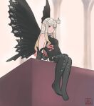  1girl anne_(bravely_second) antenna_hair artist_name black_footwear black_gloves black_legwear black_leotard blue_eyes boots bravely_default_(series) bravely_second:_end_layer butterfly_wings elbow_gloves fairy full_body gloves ilverna legs leotard long_hair pointy_ears silver_hair sitting smile solo thigh-highs thigh_boots wings 