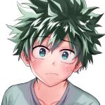  1boy bangs blue_eyes boku_no_hero_academia close-up closed_mouth collarbone commentary_request face freckles frown green_eyes grey_shirt ito_(midorisyunka) looking_at_viewer male_focus midoriya_izuku portrait sad shiny shiny_hair shirt short_hair simple_background solo spiky_hair upper_body wavy_mouth white_background 
