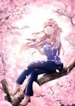  1girl bird bird_on_hand blue_eyes blue_pants blue_shirt cherry_blossoms commentary dappled_sunlight falling_petals flower full_body hand_in_hair hand_up high_heels highres in_tree long_hair looking_at_viewer matsuhisa_(ryo-tsuda1) megurine_luka pants petals pink_flower pink_hair shirt short_sleeves sitting sitting_in_tree smile solo sparrow sunlight tree vocaloid 
