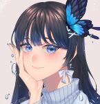  1girl aosai_nabi artist_request bangs black_hair blue_eyes blue_nails blush bug butterfly butterfly_hair_ornament closed_mouth droplet earrings erimei1 eyebrows_visible_through_hair grey_sweater hair_ornament hairclip hand_on_own_face highres indie_virtual_youtuber insect jewelry long_hair looking_at_viewer signature simple_background smile sweater virtual_youtuber 