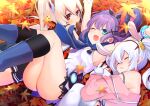  3girls ;d absurdres animal_ears ass autumn_leaves ayanami_(azur_lane) azur_lane bare_shoulders black_legwear blue_eyes blue_sailor_collar breasts cross_hair_ornament fake_animal_ears girusyu1945 hair_between_eyes hair_ornament headgear highres jacket javelin_(azur_lane) laffey_(azur_lane) leaf looking_at_viewer lying maple_leaf miniskirt multiple_girls on_back one_eye_closed open_mouth pink_jacket platinum_blonde_hair ponytail purple_hair rabbit_ears red_eyes sailor_collar skirt sleeping small_breasts smile socks thigh-highs thighs twintails white_hair white_legwear 