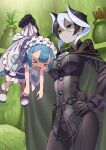  1boy 1girl apron black_hair blue_hair bodysuit breasts capelet chain character_request cloak crossdressinging gloves hair_between_eyes hand_on_hip kyo-hei_(kyouhei) made_in_abyss maid_apron maid_headdress medium_breasts multicolored_hair ozen plant potted_plant shaded_face white_hair 