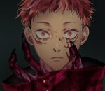  1boy bangs blood blood_on_face bloody_clothes buttons claws closed_mouth commentary_request expressionless face facial_mark itadori_yuuji jujutsu_kaisen looking_at_viewer male_focus orange_eyes redhead ryoumen_sukuna_(jujutsu_kaisen) shirt short_hair solo_focus straight-on tenobe wide-eyed 