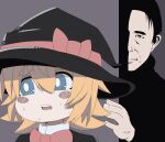  1boy 1girl bangs black_capelet black_eyes black_hair black_headwear black_shirt blonde_hair blue_eyes blush_stickers bow bowtie bright_pupils capelet closed_mouth commentary cookie_(touhou) eyebrows_visible_through_hair hair_between_eyes hat hat_bow highres hirasawa_susumu kirisame_marisa looking_to_the_side madore meguru_(cookie) open_mouth peeking_out real_life red_bow red_neckwear shirt short_hair sweat sweating_profusely touhou trembling upper_body white_pupils witch_hat 