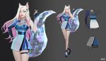  1girl animal_ears aqua_eyes blonde_hair blue_eyes cat_ears character_request clothing_request commentary dress english_commentary english_text grey_background high_heels highres jason_chan jewelry k/da_(league_of_legends) league_of_legends long_hair looking_at_viewer simple_background tagme 