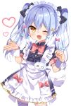  1boy absurdres apron bangs blue_hair blush bow bowtie dog_tail dress eyebrows_visible_through_hair fang frilled_apron frilled_dress frills hair_between_eyes hair_bow hair_ornament heart highres inuyama_tamaki looking_at_viewer maid_apron maid_headdress noi_mine noripro one_eye_closed open_mouth otoko_no_ko paw_pose simple_background smile striped tail thigh-highs twintails vertical-striped_dress vertical_stripes virtual_youtuber white_background wrist_cuffs yellow_eyes 
