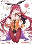  1girl alternate_costume animal_ear_headwear animal_ears bangs bare_shoulders blue_flower blush breasts closed_mouth commentary_request covered_navel detached_sleeves easter_egg egg fake_animal_ears fire_emblem fire_emblem_awakening fire_emblem_heroes flower gloves hair_between_eyes hair_flower hair_ornament hand_on_hip haru_(nakajou-28) highres holding holding_egg leotard long_hair long_sleeves looking_at_viewer neckwear official_alternate_costume orange_flower pantyhose pink_flower playboy_bunny rabbit_ears red_eyes red_flower red_legwear redhead ribbon severa_(fire_emblem) small_breasts solo strapless strapless_leotard tied_hair twintails twitter_username very_long_hair white_background 