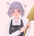  1girl 88942731ne ? @_@ beige_background commentary_request dress dress_shirt grey_eyes grey_hair kantai_collection looking_at_viewer ooshio_(kancolle) paddle pinafore_dress pointing shirt short_hair short_twintails simple_background solo twintails upper_body white_shirt 
