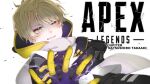  1boy apex_legends bangs blonde_hair character_name copyright_name cosplay eyeshadow gloves hand_on_own_arm highres makeup natsushiro_takaaki niconico open_hand parted_lips red_eyeshadow sena_(sen_a) smile solo utaite_(singer) v-shaped_eyebrows wraith_(apex_legends) wraith_(apex_legends)_(cosplay) yellow_eyes 