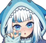  1girl animal_costume animal_hood blue_eyes blue_hair blush eyebrows_visible_through_hair gawr_gura hand_up highres hololive hololive_english hood hood_up long_hair looking_at_viewer multicolored_hair open_mouth outline portrait shark_costume shark_hood simple_background sleeves_past_wrists solo streaked_hair svv_art twitter_username white_background white_hair white_outline 