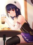  1girl abeen_jhong absurdres beret black_hair black_legwear breasts bridal_gauntlets bubble_tea choker cup disposable_cup drinking_straw elbow_gloves food gloves hat highres holding holding_cup large_breasts long_hair original pancake red_eyes sitting skindentation solo thigh-highs white_gloves white_headwear 