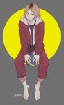  1boy 5600cm ball bangs barefoot blonde_hair cat full_body haikyuu!! head_tilt highres hood hoodie jacket kozume_kenma looking_at_viewer male_focus open_clothes open_jacket short_hair simple_background twitter_username yellow_eyes 