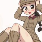  1girl :d black_hair boots braid braided_ponytail brown_eyes brown_footwear brown_headwear brown_jacket chi-hatan_military_uniform commentary girls_und_panzer hair_ribbon hands_on_headwear helmet hirai_hanako jacket knee_boots long_hair long_sleeves looking_at_viewer military military_uniform open_mouth ribbon simple_background single_braid sitting skirt smile solo t_jiroo_(ringofriend) uniform white_background white_ribbon yellow_skirt 