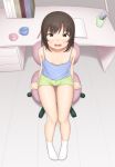  1girl absurdres blue_camisole breasts brown_eyes brown_hair camisole chair desk downblouse from_above full_body green_shorts highres indoors legs looking_at_viewer looking_up open_mouth original sc_naru short_hair short_shorts shorts sitting small_breasts smile socks solo thigh_gap thighs white_footwear 