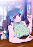  1girl alternate_breast_size alternate_costume arm_rest bangs bare_arms bare_shoulders bird_tail bird_wings black_hair blue_hair blurry blurry_background breast_rest breasts casual closed_mouth contemporary day elbow_rest empty_eyes eyebrows_visible_through_hair green_hair hand_up head_tilt head_wings highres huge_breasts indoors kemono_friends leaning_forward light_blush long_hair looking_at_viewer mamiyama multicolored_hair passenger_pigeon_(kemono_friends) purple_hair red_eyes ribbed_sweater sleeveless sleeveless_sweater sleeveless_turtleneck smile solo sweater swept_bangs tail turtleneck turtleneck_sweater wings 