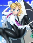  1girl absurdres blonde_hair blue_eyes bodysuit breasts building clouds covered_navel daniaeru gwen_stacy hand_gesture highres hood hooded_bodysuit looking_to_the_side marvel sky skyscraper small_breasts smile solo spider-gwen spider-man:_into_the_spider-verse spider-man_(series) superhero undercut 