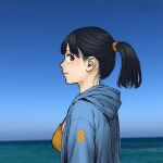  1girl 8 black_hair blue_hoodie blue_sky brown_eyes hair_tie higashiyama_shou highres hood hoodie ichika_(vampeerz) long_hair looking_at_viewer nape number ocean official_art orange_shirt outdoors ponytail profile shirt sky solo upper_body vampeerz 