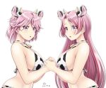 2girls animal_ears animal_print artist_name bell bikini breasts cow_ears cow_horns cow_print cowbell dated eyebrows_visible_through_hair giuseppe_garibaldi_(kancolle) highres horns kantai_collection large_breasts long_hair luigi_di_savoia_duca_degli_abruzzi_(kancolle) multiple_girls open_mouth pink_eyes pink_hair short_hair signature simple_background swimsuit tk8d32 upper_body white_background white_bikini 