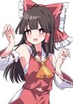  1girl :d absurdres ascot bangs black_hair blunt_bangs bow bra bright_pupils cowboy_shot detached_sleeves eyebrows_visible_through_hair hair_bow hair_tubes hakurei_reimu highres looking_at_viewer navel nontraditional_miko open_mouth red_bow red_eyes red_shirt red_skirt ribbon-trimmed_sleeves ribbon_trim shirt simple_background skirt smile solo standing touhou tsukimirin underwear white_background white_bra white_pupils wide_sleeves yellow_neckwear 
