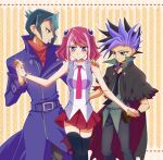  bracelet exposed_shoulders hiiragi_yuzu kurosaki_shun multicolored_hair pink_hair pink_neckwear trio yny yuu-gi-ou yuu-gi-ou_arc-v yuuto_(yuu-gi-ou_arc-v) zettai_ryouiki 