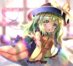  1girl :o absurdres arm_support backlighting bangs black_headwear bloom blouse blurry blurry_background blush bow breasts commentary_request day depth_of_field dfra eyeball eyebrows_visible_through_hair feet_out_of_frame frills green_eyes green_hair green_skirt hair_between_eyes hat hat_bow heart heart-shaped_pupils heart_of_string highres huge_filesize indoors komeiji_koishi long_hair long_sleeves looking_at_viewer medium_breasts open_mouth petticoat sitting skirt sleeves_past_wrists solo sunlight symbol-shaped_pupils third_eye touhou wide_sleeves window yellow_blouse yellow_bow yokozuwari 