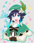  1boy androgynous bangs beret black_hair blue_eyes blue_hair bow braid brooch cape chikibuta0222 collared_cape collared_shirt commentary_request corset flower gem genshin_impact gradient_hair green_eyes green_headwear grey_background hat hat_flower highres jewelry leaf looking_at_viewer male_focus multicolored_hair open_mouth shirt short_hair_with_long_locks simple_background smile solo square star_(symbol) triangle twin_braids venti_(genshin_impact) white_flower white_shirt 
