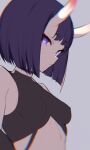  1girl bangs bare_shoulders breasts clothing_cutout collar crop_top demon_girl demon_horns eyebrows_visible_through_hair fate/grand_order fate_(series) halterneck horns looking_at_viewer navel_cutout purple_hair short_hair shuten_douji_(fate) small_breasts spider_apple violet_eyes 