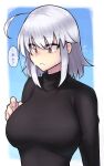  1girl alternate_costume bangs black_sweater breasts crying crying_with_eyes_open fate/grand_order fate_(series) highres ishibori_eregomos jeanne_d&#039;arc_(alter)_(fate) jeanne_d&#039;arc_(fate)_(all) large_breasts long_sleeves short_hair silver_hair solo speech_bubble sweater tears translation_request upper_body yellow_eyes 