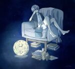  1boy bare_legs barefoot book book_stack bracelet chair crater highres jewelry map moon original pencil short_hair signature sitting solo white_hair wide_shot yutsukidayo 