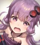  1girl bare_shoulders blurry blurry_background close-up collarbone commentary criss-cross_halter dress hair_ornament hair_tubes halterneck happy highres indoors light_blush looking_at_viewer nintendo_switch open_mouth purple_dress purple_hair rokuyasuhara sidelocks smile solo upper_body violet_eyes vocaloid voiceroid yuzuki_yukari 